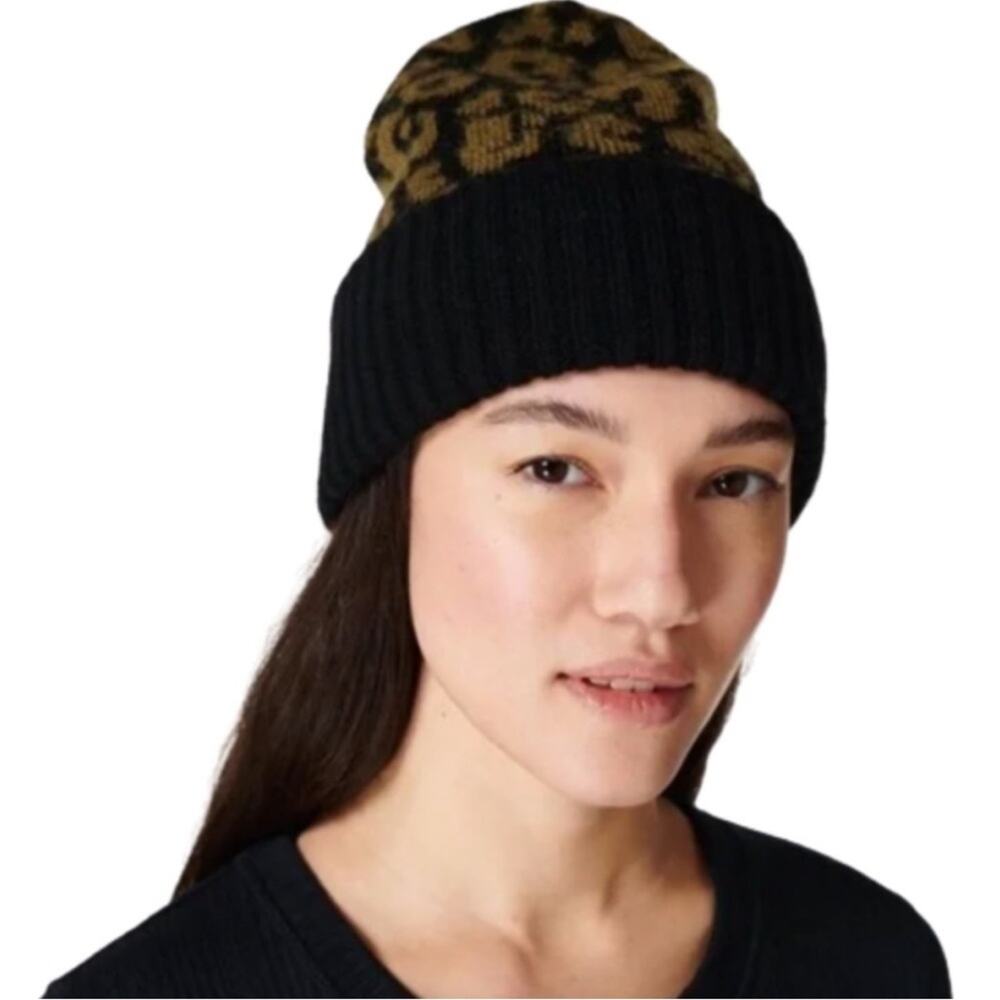 Sweaty Betty Beanie Leopard Knit‎ Wool Blend One Size New